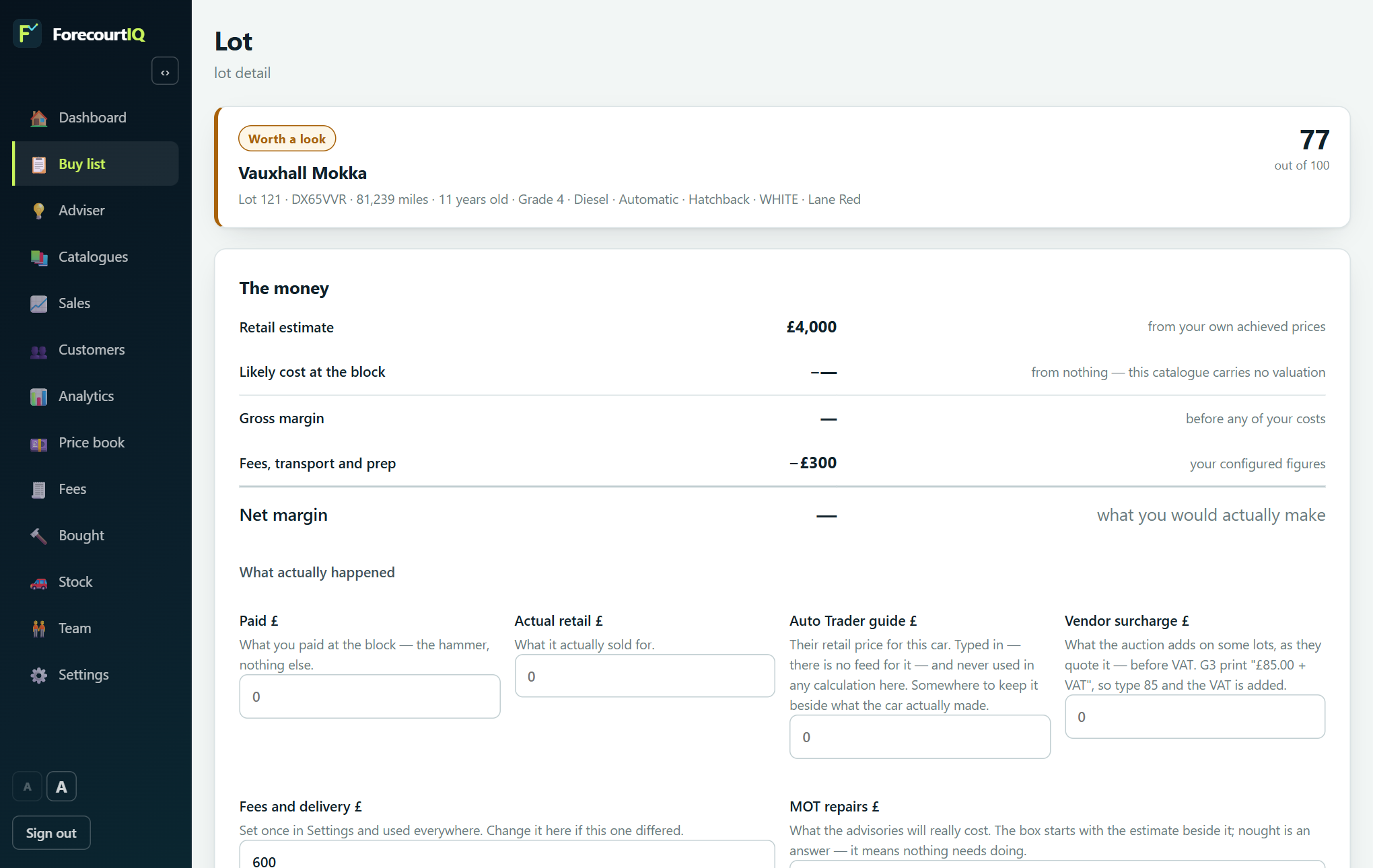 A lot page showing the retail estimate, fees, net margin and the boxes for what actually happened